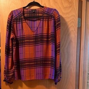 Ann Taylor Factory Plaid V-Neck Blouse - Orange and Purple